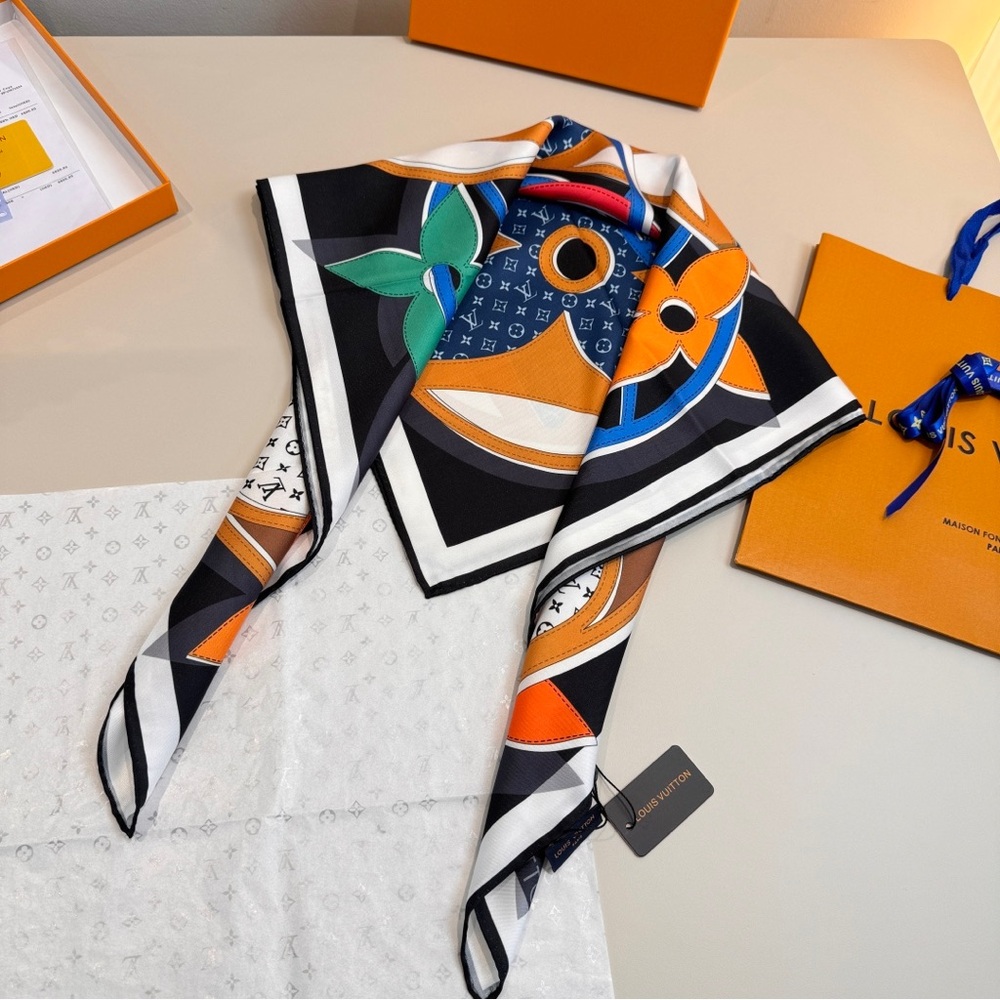 Louis Vuitton Silk Scarf with Bold Orange & Blue Geometric Monogram Print - Picture 1 of 8